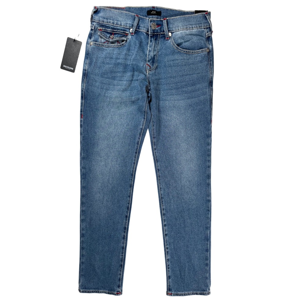 New True Religion Geno Big T Flap Jeans Men 30 Blue Relaxed Slim Red Stitch NWT